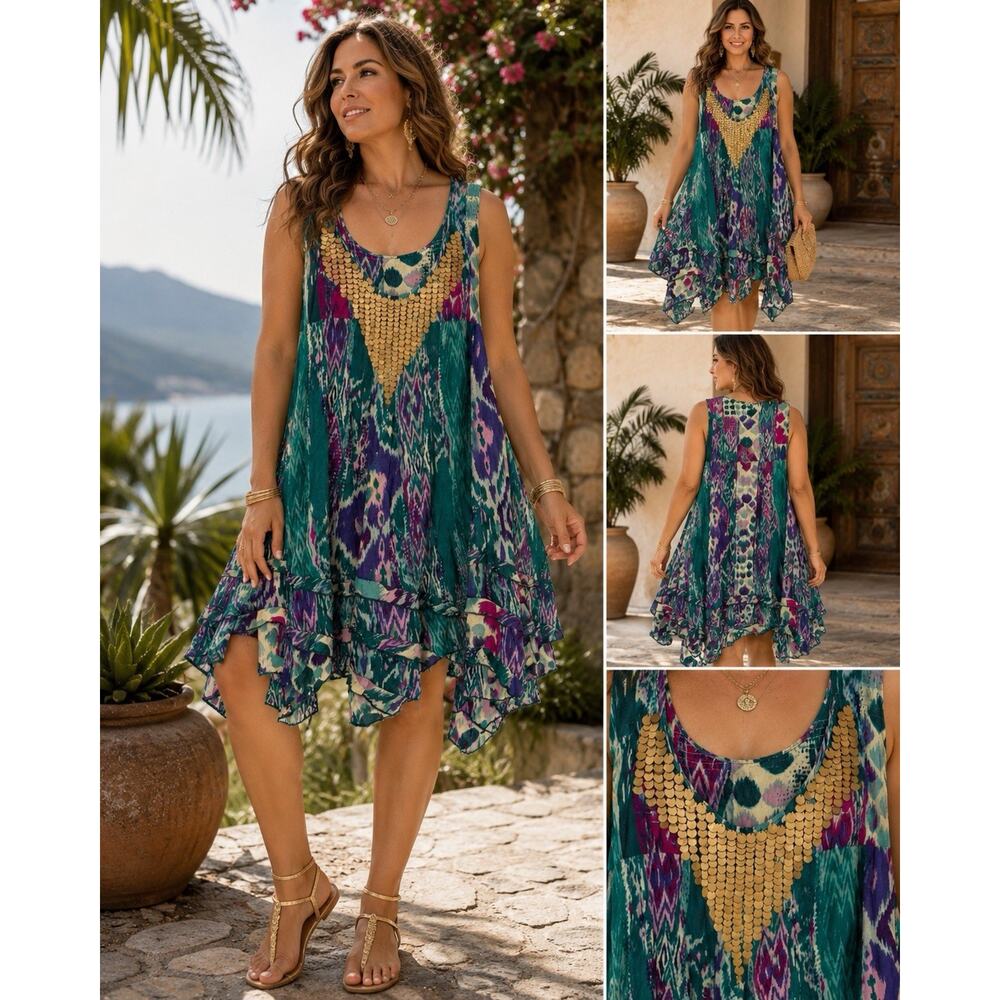 Denim 24/7 Boho Tunic Dress 16W XL Ikat Sequin Embellished Festival Tie Dye Flow